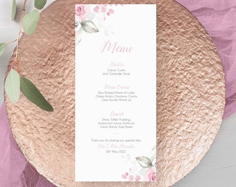 Printed Wedding Menus, Floral Pink Roses Theme, Personalised Floral Wedding Guest Menu, White and Pink