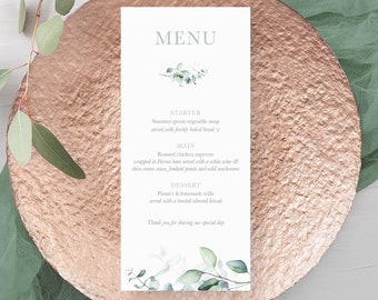 Printed Wedding Menus, Eucalyptus Foliage Green Leaves, Personalised Floral Wedding Guest Menu