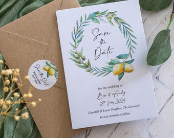 Printed A6 Wedding Save the Date Cards, Italian Lemons Olive Branch Eucalyptus, Lemon Wreath, Watercolour Rustic Italy Tuscany Wedding