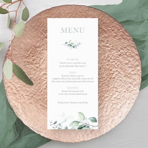 Printed Wedding Menus, Eucalyptus Foliage Green Leaves, Personalised Floral Wedding Guest Menu