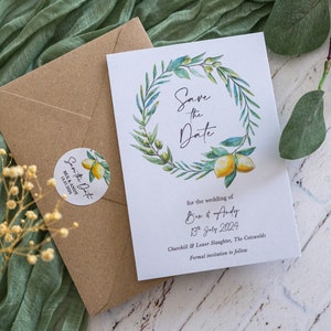 Printed A6 Wedding Save the Date Cards, Italian Lemons Olive Branch Eucalyptus, Lemon Wreath, Watercolour Rustic Italy Tuscany Wedding