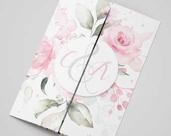 Printed Gatefold Wedding Invitation, Bespoke Watercolour Venue Painting, Pink and White Roses Gate Fold Design, Folded Invite