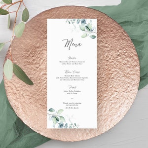 Printed Wedding Menus, Eucalyptus Foliage Green Leaves Design with Black Script Text, Personalised Floral Wedding Guest Menu, Elegant Simple