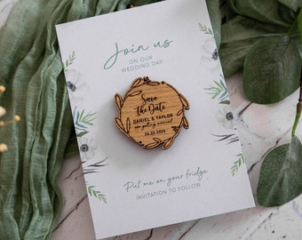 Wooden Fridge Magnet SAVE THE DATE for Wedding, with Eucalyptus Sage Green A6 Backing Card, Heart Shape or Wreath, Engraved Save the Date