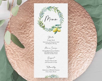 Printed Wedding Menus | Italian Lemons Olive Branch Eucalyptus Floral | Wedding Food Choices | Wedding Guest Menu