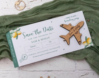 Lemon Olive Tree Magnet Boarding Pass Wedding SAVE the DATE, Wooden Plane Fridge Magnet, Travel Aeroplane Wedding Ticket for Italy Wedding