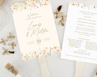 PRINTED Wedding Ceremony Fans, Beige with Wildflowers, Personalised Wedding Paddle Programme Cards, Order of Service Fan Destination Wedding
