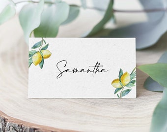 Personalised Folded Wedding Guest Place Name Cards, Italian Lemons Olive Branch Eucalyptus, Guest Name Cards