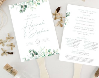 PRINTED Wedding Ceremony Fans, Eucalyptus Sage Personalised Wedding Paddle Programme Cards, Order of Service Fan for Destination Wedding