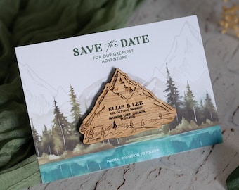 Convite de casamento com aquarela nas montanhas, em madeira ou acrílico, com ímã de geladeira como lembrança, para a primavera e o verão.