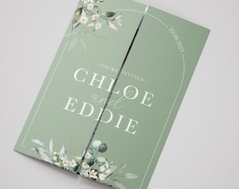 Printed Gatefold Wedding Invitation, Bespoke Watercolour Venue Painting, Sage Green Floral Daisy Eucalyptus Gate Fold Design, Folded Invite