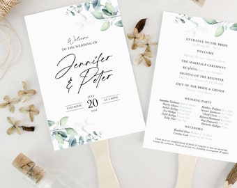 PRINTED Wedding Ceremony Fans, Eucalyptus Personalised Wedding Paddle Programme Cards, Order of Service Fan for Destination Wedding