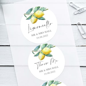 ANY TEXT Wedding Stickers, Personalised Lemon Olive Tree with Black Script Text, Custom Wedding Day Favour Stickers, Round Sticky Labels image 1