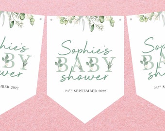 Personalised Baby Shower Bunting, Neutral Sage Green Eucalyptus Green Leaves and Roses, Custom with Name and Date, 8 Flags with Ribbon