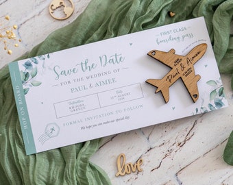 Eucalyptus Fridge Magnet Boarding Pass Wedding SAVE the DATE, Wooden or Acrylic Fridge Magnet, Sage Green, Travel Aeroplane Wedding Abroad