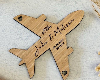 Ímã de avião para marcar a data do casamento, ímã de madeira, ímã de geladeira para viagem com tema de avião para casamento no exterior.