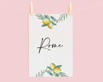 Printed A6 Table Name Cards | Italian Lemons Olive Branch Eucalyptus Wedding Table Names and Numbers