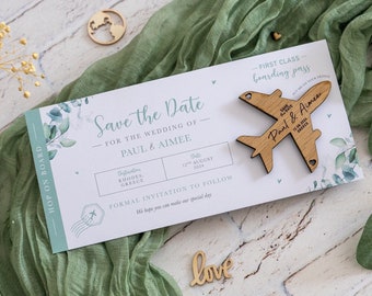 Eucalyptus Fridge Magnet Boarding Pass Wedding SAVE the DATE, Wooden or Acrylic Fridge Magnet, Sage Green, Travel Aeroplane Wedding Abroad