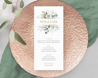 Printed Wedding Menus, Eucalyptus Daisy with Gold Text, Individually Personalised with Guest Names and Dishes