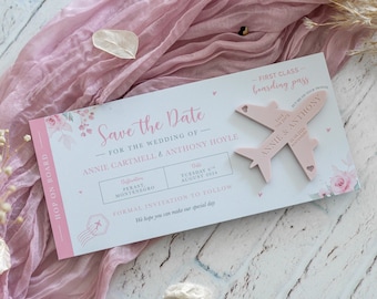 Pink Acrylic Aeroplane Magnet, Boarding Pass Save the Date, Acrylic Fridge Magnet, Light Pink, Destination Wedding, Travel Wedding Abroad