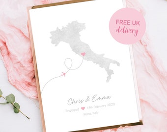 Any Country Engagement Watercolour Location Map, Destination Travel Print, Wedding Engagement Gift, USA Greece Italy, Bride Groom Gift