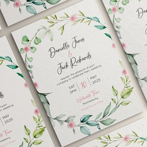 Ensemble de faire-part de mariage numérique ou imprimé, couronne de feuilles vertes et de roses roses - Faire-part, carte d'informations et RSVP, format empilé