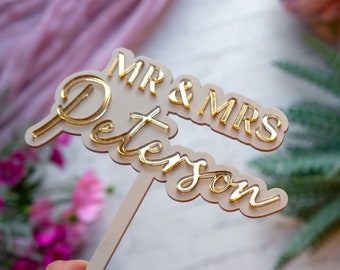 Personalised Acrylic Cake Topper for Wedding, Mr and Mrs Cake Topper, Double Mirror Acrylic, Rose Gold Silver, Customised Cake Decoration