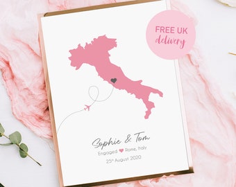 Any Country Printed Engagement Map, Destination Travel Location Print, Engaged Abroad, Engagement Present Gift, Italy Greece, Proposal Print