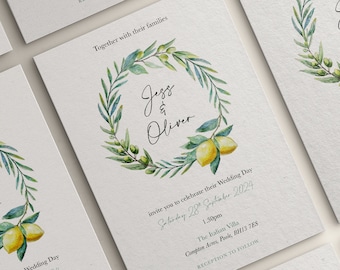 Digital or Printed Wedding Invitation Set, Lemon and Olive Wreath Design -Invitation, information card and RSVP, Stacked Format