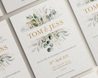 Digital or Printed Wedding Invitation Set, Eucalyptus Green Leaves with Gold Daisy Design, Green and Gold, Invite and RSVP