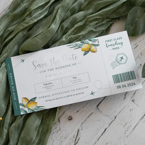 Silver FOIL Lemon Boarding Pass, Wedding Foil SAVE the DATE, Italian Lemons Olive Branch Travel, Aeroplane Wedding Ticket, Rustic Italy