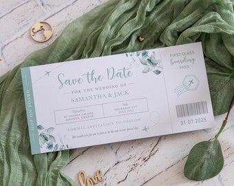 Eucalyptus Boarding Pass Wedding SAVE THE DATE, Floral Sage Green Travel Destination Invitation, Aeroplane Ticket, Abroad Italy Greece