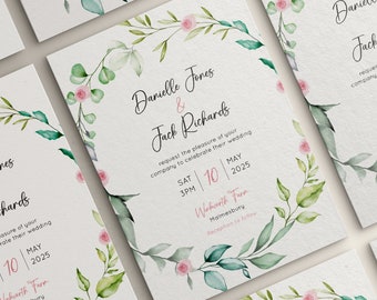 Digital or Printed Wedding Invitation Set, Green Leaves and Pink Roses Wreath Design - Invitation, Information Card and RSVP, Stacked Format