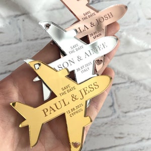 Imán de avión para nevera con mensaje "SAVE THE DATE" para bodas en el extranjero, imán de plástico acrílico con espejo, invitación para viajes en avión, oro rosa y plata para bodas en el extranjero