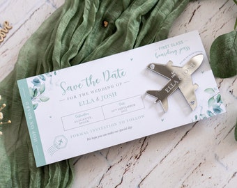 Silver Mirror Acrylic Aeroplane Magnet, Boarding Pass Save the Date, Destination Wedding, Eucalyptus Fridge Magnet Plane Ticket, Sage Green