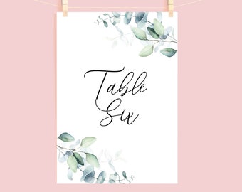 Printed A6 Table Name Cards, Floral Eucalyptus with Black Script Text, Wedding Table Names or Numbers, Floral Green Leaves for Centre Pieces