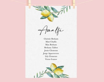 Printed Lemon and Olive Tree Floral Table Plan Cards with Black Script Font, A6 Wedding Table Plan, Seating Chart Plan Cards