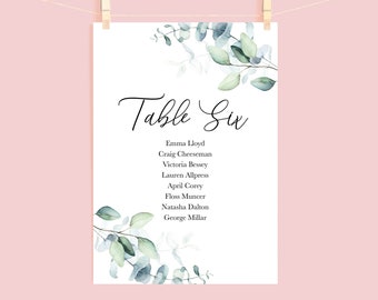 Printed Floral Eucalyptus Table Plan Cards with Black Script Font, A6 Wedding Table Plan, Seating Chart Plan Cards