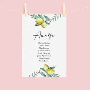 May include: A printable wedding guest list with the word "Amalfi" written in cursive at the top. The list includes the names of guests, such as Christie Botham, Matt Challis, and Max Botham. The background is a watercolor illustration of a lemon tree branch with green leaves and yellow lemons.
