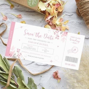 Rosa Blumen Bordkarte Hochzeit SAVE THE DATE, Reise Themen-Einladung Blush Pink, Flugzeug Hochzeitsticket, im Ausland Italien Griechenland