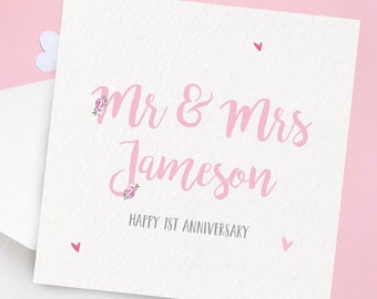 Personalised First Anniversary Card, Mr and Mrs, Mr and Mr, Mrs & Mrs, Custom Name Card, 1st Wedding Anniversary Card