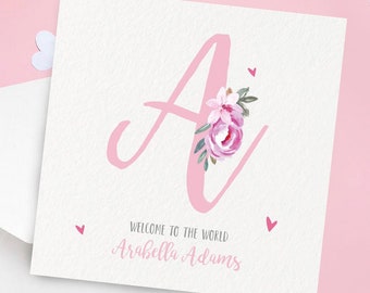 Personalised New Baby Girl Card, Congratulations Card Birth, Baby Initial Keepsake Card, Welcome to the World Card, Free UK Postage