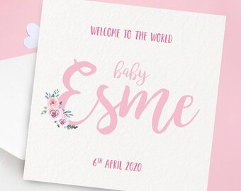 Personalised New Baby Girl Card, Congratulations Card Birth, Baby Name, Welcome to the World Card, Keepsake Newborn Baby Girl Pink Card