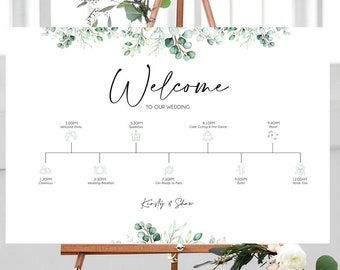 PRINTED Wedding Welcome Sign and Order of Events Sign, Wedding Timeline, Order of the Day, Eucalyptus Green Leaves, Black and Sage Green