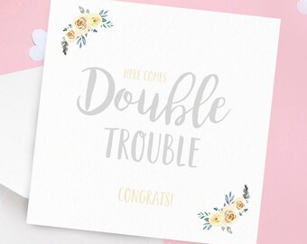 Expecting Twins Card, Congratulations It's Twins, Neutral Grey Card, Congrats on your Pregnancy, Double Trouble, Pregnancy Announcement