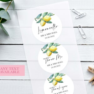 ANY TEXT Wedding Stickers, Personalised Lemon Olive Tree with Black Script Text, Custom Wedding Day Favour Stickers, Round Sticky Labels image 2