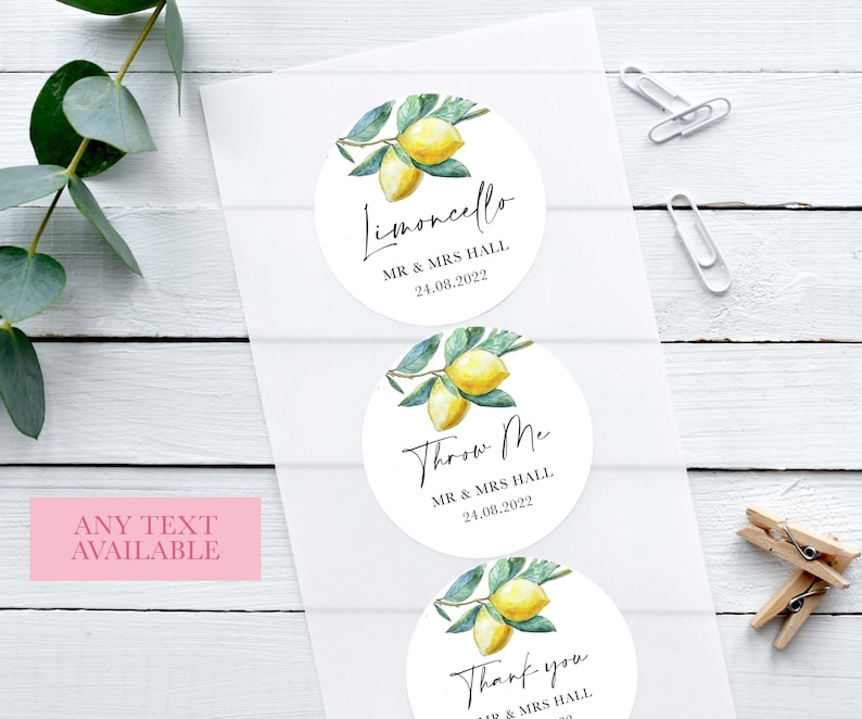 ANY TEXT Wedding Stickers, Personalised Lemon Olive Tree with Black Script Text, Custom Wedding Day Favour Stickers, Round Sticky Labels image 2