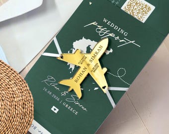 Convite de casamento com passaporte verde pinheiro, avião de acrílico, convites para casamento em destino paradisíaco