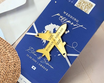 Convite de casamento em formato de passaporte azul royal, avião de acrílico, convites para casamento em destino paradisíaco.