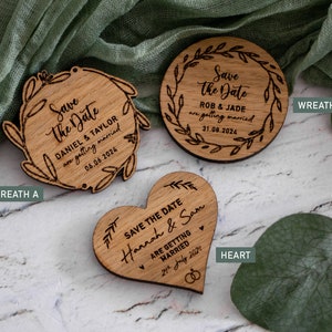 Wooden Fridge Magnet SAVE THE DATE for Wedding, with Lemon Themed A6 Backing Card, Heart Shape or Wreath, Engraved Save the Date image 2